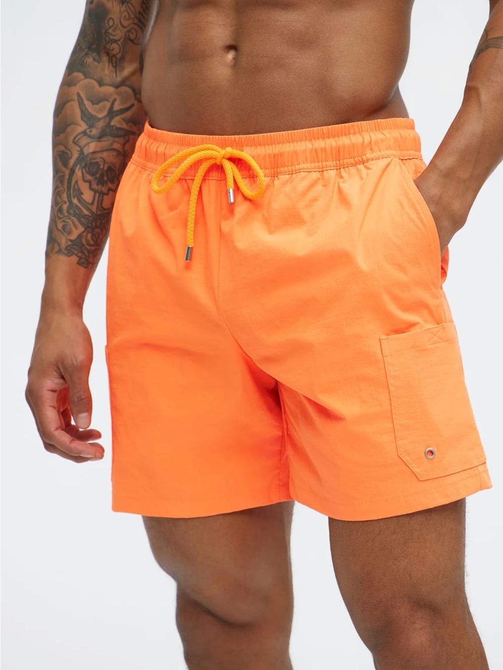 Fashion Nova Neon Orange Cargo Swim Trunks with Drawstring